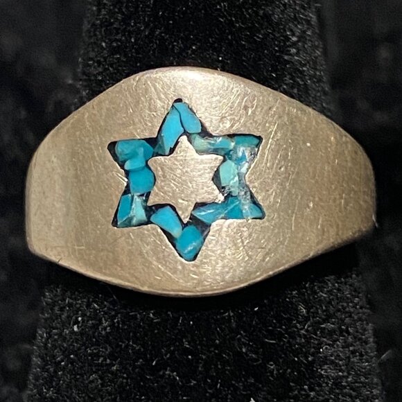 Ring 6-Pointed Star inlayed Crushed Turquoise Size 4.5 Sterling Silver Stamped 9 - Picture 1 of 8